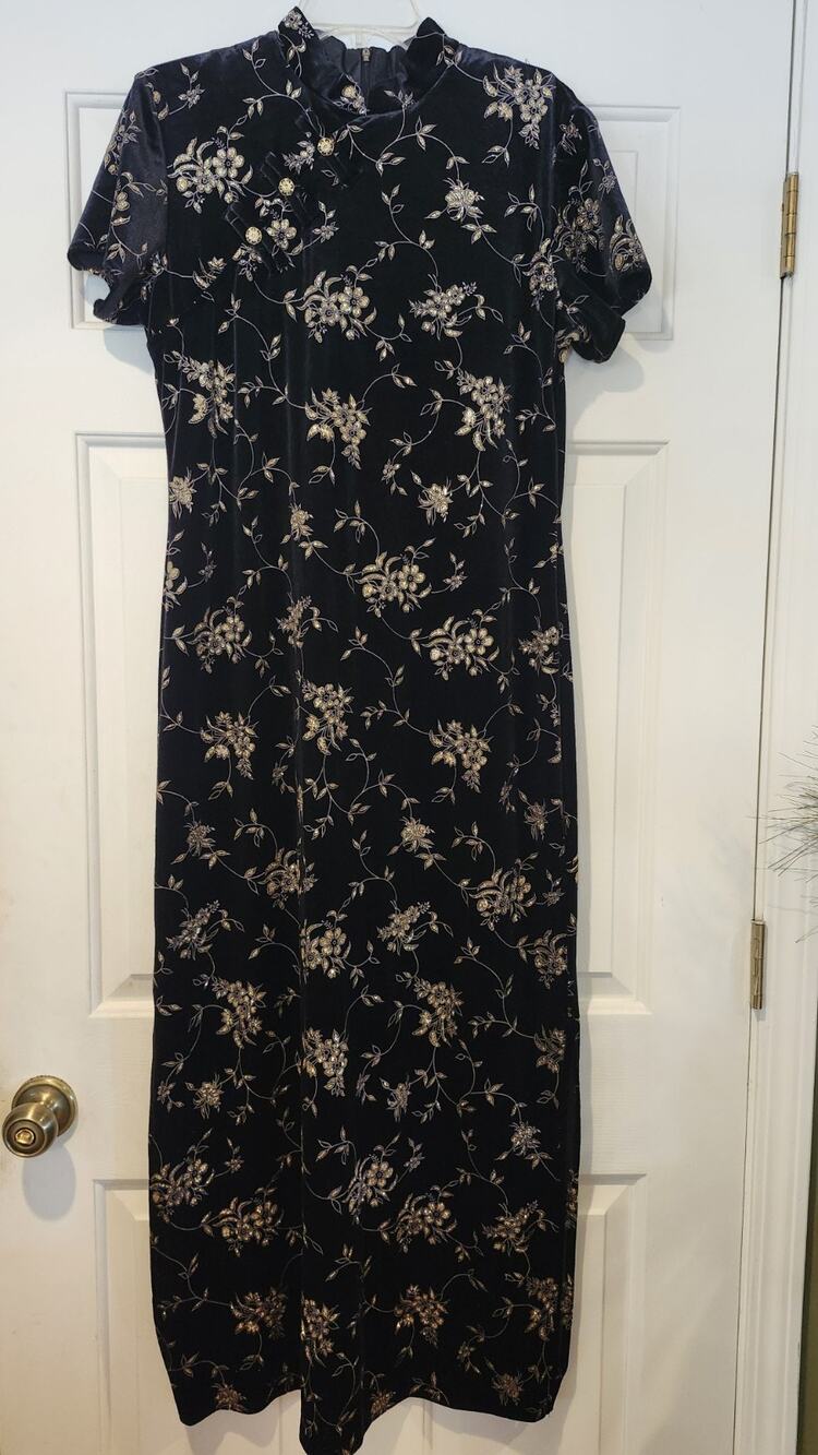 VTG Dressbarn Black Velvet Cheongsam Qipao Dress Gold Floral 90s Y2K 14 #256